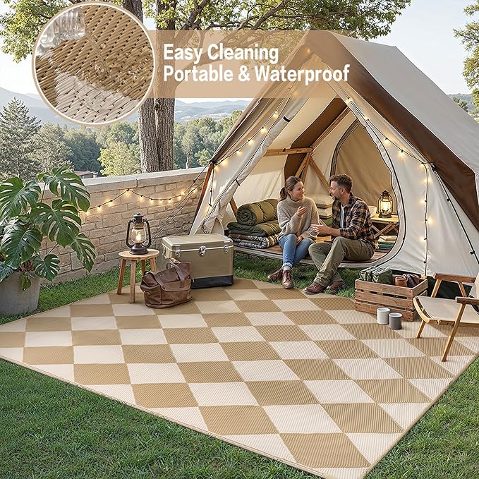 Outdoor Plastic Checkered Rug Waterproof Patio 9x12 Beige Brown Diamond - Image 6