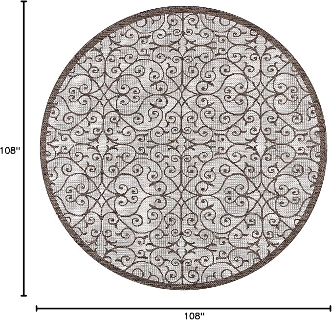 JONATHAN Y Vintage Filigree Indoor Outdoor Round Area Rug 9 Ft Taupe/Espresso - Image 2