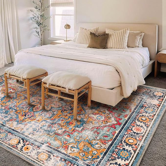 CHAMPLANT Washable Area Rug 9'x12' Boho Chic Medallion Distressed Design - Image 3