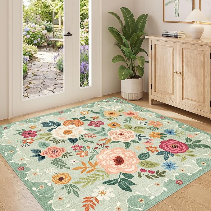 DUKINO 4x4 Square Area Rug, Floral Indoor Floor Washable Entryway Rug by DUKINO