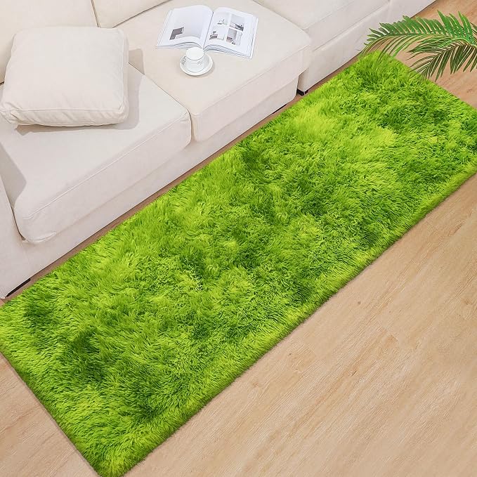 Grass Green Tie-Dyed Rug 2x6 ft Plush High Pile Shag Carpet Fluffy Soft Runner - Image 8