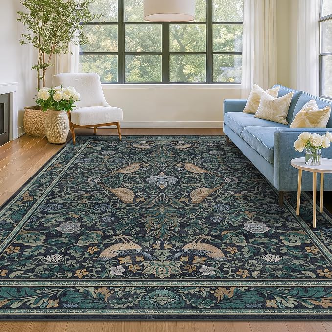 Dark Blue and Green Washable 8x10 Area Rugs by HazoHaus