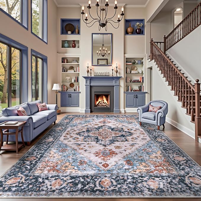 SERISSA Washable Rugs 9x12 Area Rugs, Large Non-Slip Blue Orange Living Room Rug - Image 2