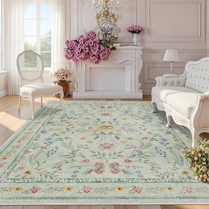 Green Floral Rug for Girls, 5x7 Washable Botanical Bedroom Rug for Nursery by Dadasgk