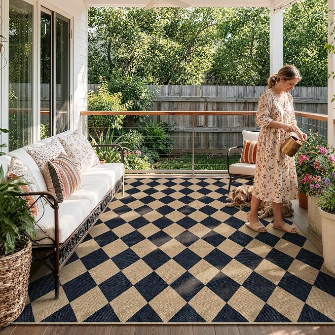 Lahome Colette Checkered Easy Jute Area Rug 8x10, Large Living Room Patio Rug by Lahome