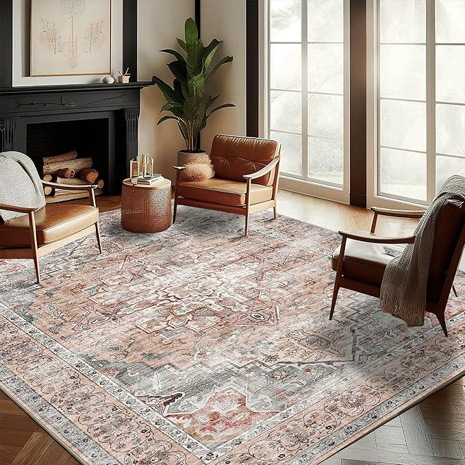 CHAMPLANT Washable Area Rug 10'x14' Light Cyan and Light red Retro Flowers Boho by CHAMPLANT