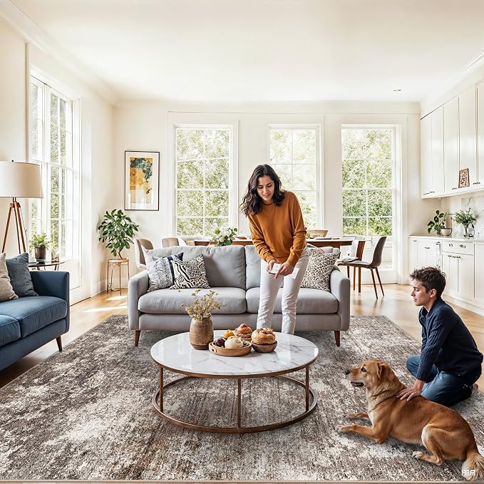 8x8 Square Living Room Area Rug – Washable Modern Neutral Abstract Indoor Rug - Image 8