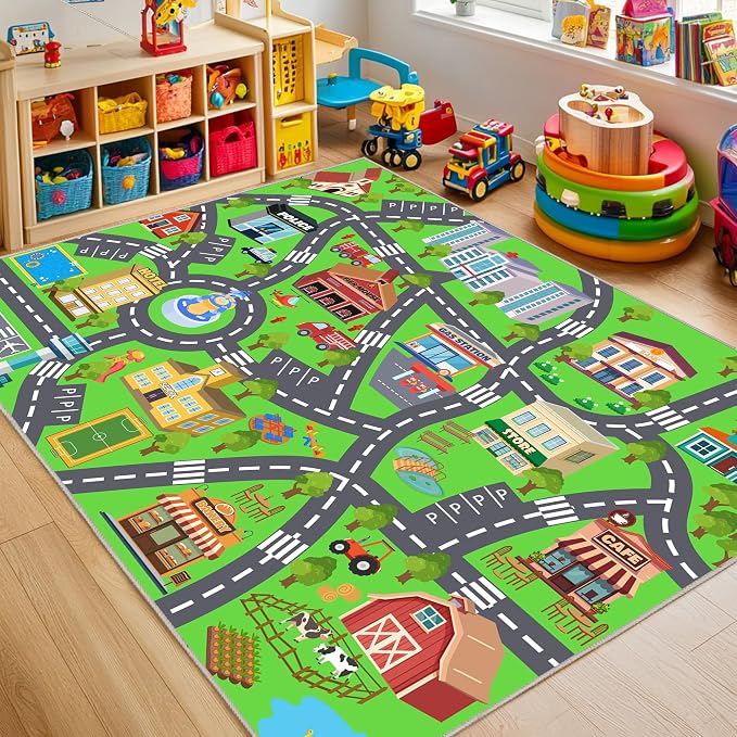 Kids Room Rug - Soft & Non-Slip 4x5 Ft Town Car Rugs City Map Play Mat by OHDS