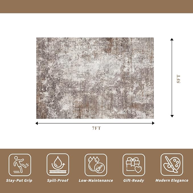 5x7 Washable Living Room Rug – Modern Neutral Abstract Area Rug - Image 2