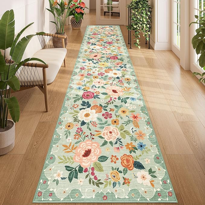 DUKINO 2.6x12 Kitchen Runner Rug, Lightweight Floral Washable Rug by DUKINO