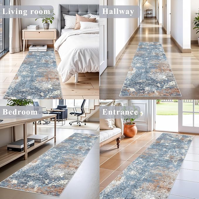 2x8 Washable Non-Slip Hallway Runner Rug – Modern Coastal Abstract Neutral - Image 3