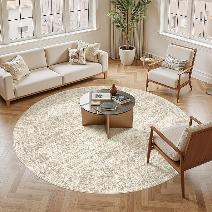 Soalmost 8x8 Beige Round Rug 8ft Living Room Circle Rug Vintage Round Area Rug - Image 2