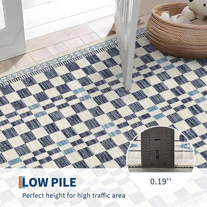 GarveeHome 2x8 Runner Rug for Kitchen Bathroom Modern Blue Checkered Long Rug - Image 3