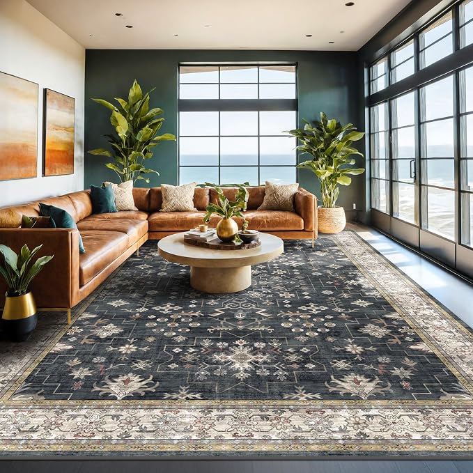Boho Black Rug for Living Room by HazoHaus