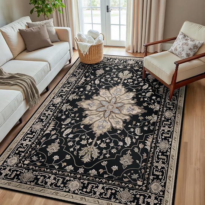RELEANY Area Rugs 5'x8' Washable Non-Slip, Floral Vintage Distress Medallion by RELEANY