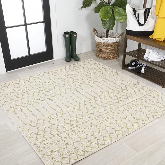 JONATHAN Y Moroccan Geometric Indoor Outdoor Square Area Rug 5X5 Cream/Green by JONATHANY