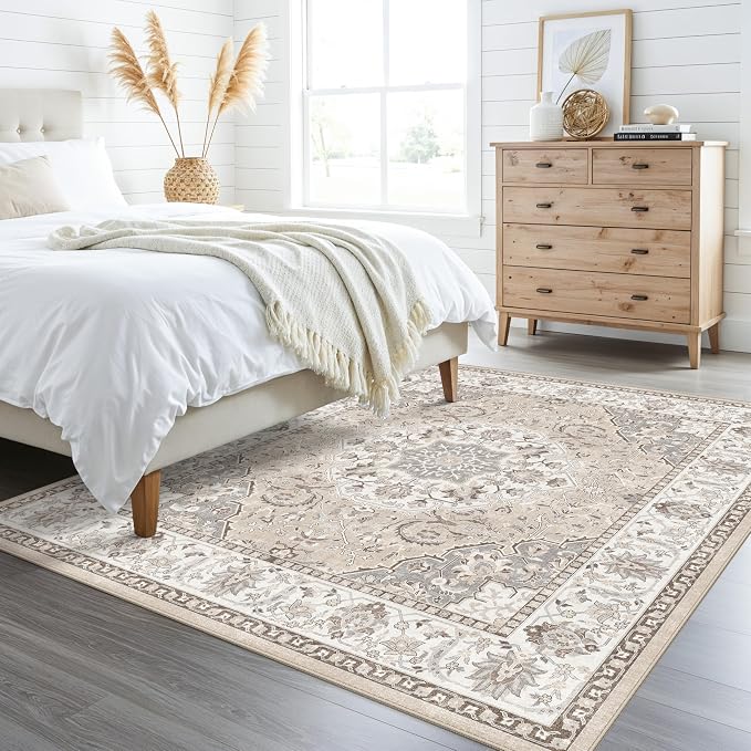Living Room 8ft Square Area Rug: Machine Washable Large Vintage Soft Rug Stain - Image 4