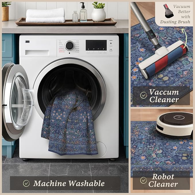 JTJ Dark Blue Kitchen Rugs Set of 3, Non Slip Washable Runner Mats, Vintage - Image 4