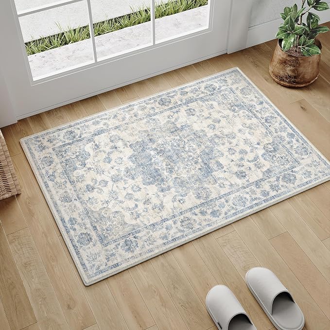 2x3 Washable Neutral Area Rug Blue Vintage Entryway Kitchen Carpet Non-Slip by WondRg