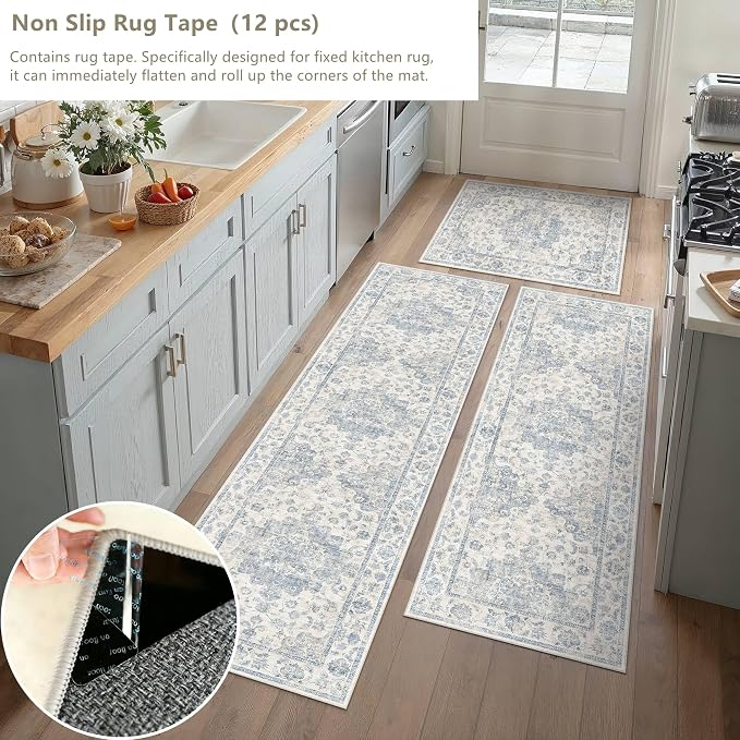 Neutral Kitchen Rug Set of 3 Washable Blue Vintage Kitchen Mats - Image 4
