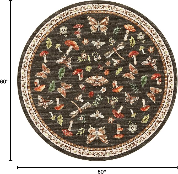 Mushroom Insect 5ft Round Rug Washable Non-Slip Soft Ultra-Thin Small Boho - Image 2