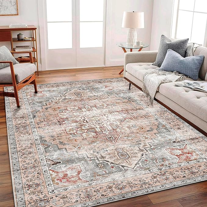 CHAMPLANT Area Rug 6'x9' Light Cyan and Light red Washable Vintage Traditional by CHAMPLANT