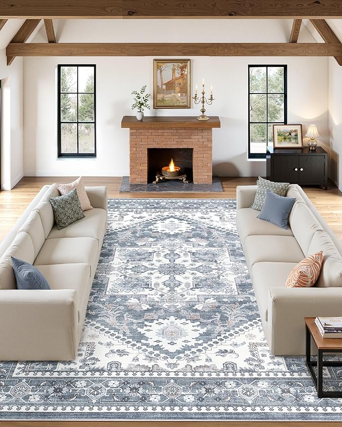 5x8 Vintage Area Rug: Washable Neutral Soft Non Slip Thin Large Floor Carpet - Image 3