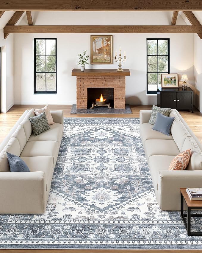9x12 Vintage Area Rug: Washable Neutral Soft Non Slip Thin Large Floor Carpet - Image 2