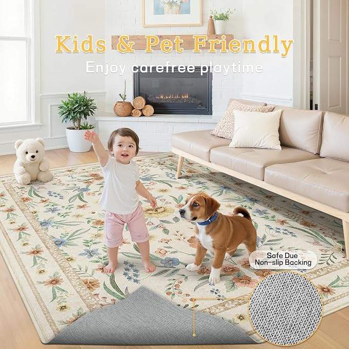 Beige Floral Washable Rug 7x9 – Large Vintage Boho Non-Slip Carpet, Soft Low - Image 7