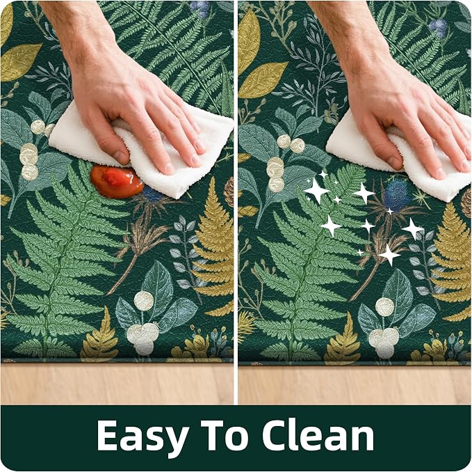 Dark Green Botanical Kitchen Rugs Set of 2 Plant Leaf Anti-Fatigue Kitchen Mat - Image 6