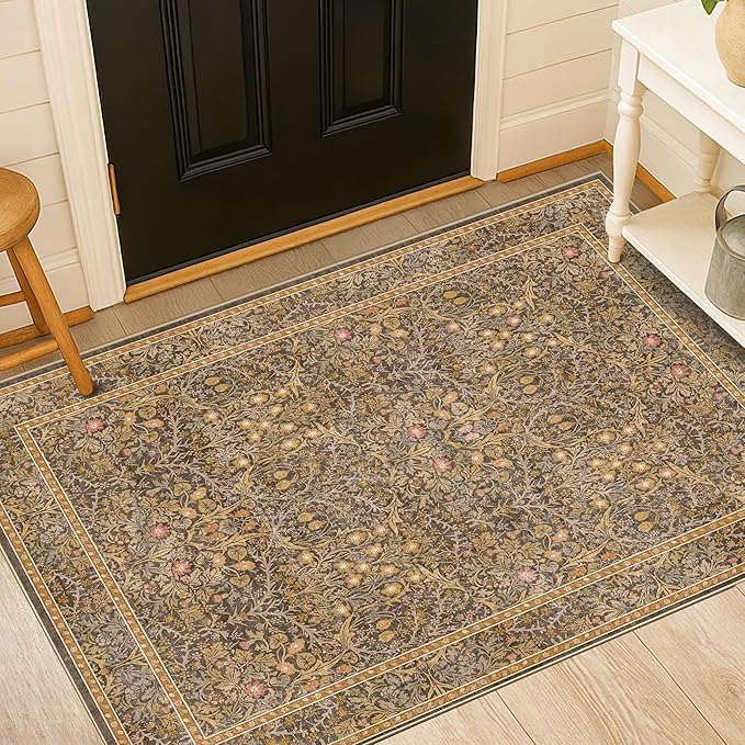 Vintage Gold Brown Entryway Rug, 3x4 Washable Area Rugs by HazoHaus