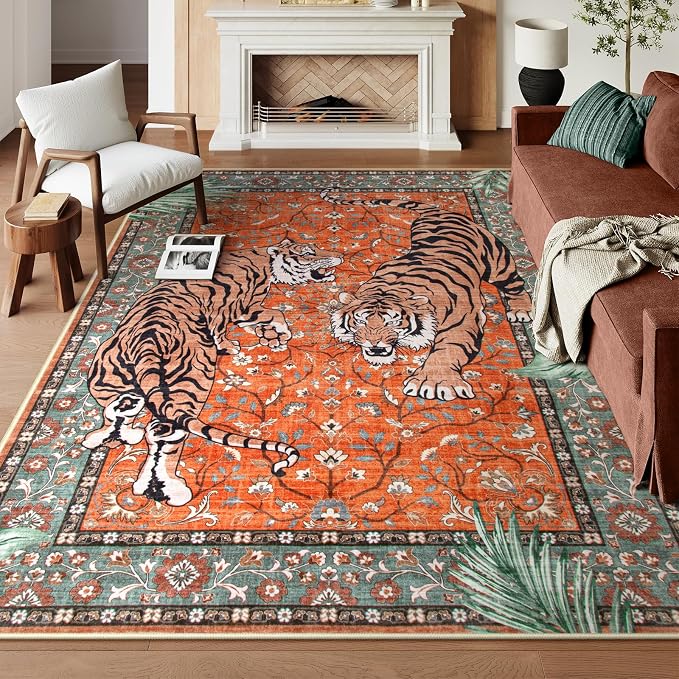 Moynesa Tiger Washable Area Rug, 9x12 Living Room Rug, Vintage Non Slip Large by Moynesa