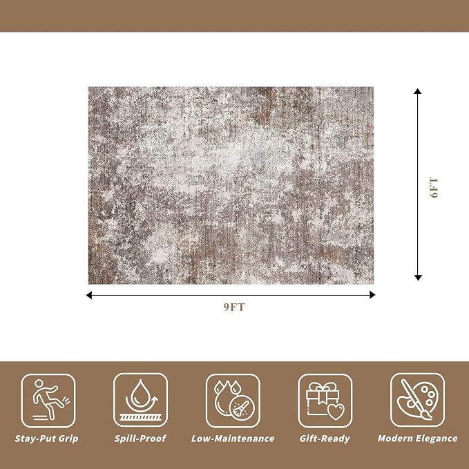 Area Rugs for Living Room: 6x9 Washable Neutral Abstract Rug for Bedroom Large - Image 2