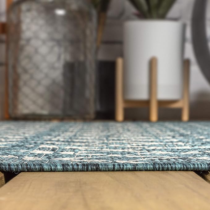 JONATHAN Y Moroccan Geometric Indoor Outdoor Round Area Rug 4 Ft Teal/Gray - Image 6