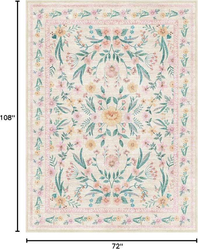 7x9 Pink Boho Floral Area Rug – Washable Non-Slip Soft Carpet - Image 2