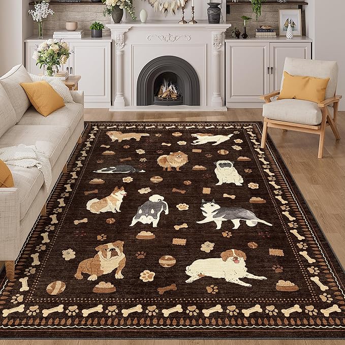 DUKINO 5x7 Rug for Living Room, Lightweight Animal Dog Print Washable Area Rug by DUKINO