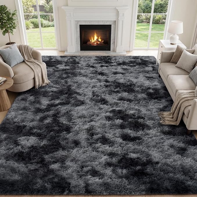 Area Rug for Living Room Bedroom: 9x12 Black Grey Soft Fluffy Shag Upgrade by PLHXFRSoftAreaRugs