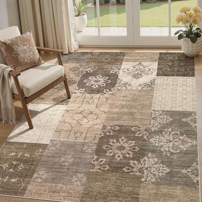 UERMEI 5x7 Area Rug for Living Room, Washable Brown Modern Geometric Patchwork - Image 2
