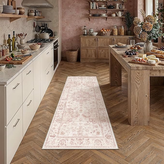 2x5 Washable Neutral Runner Rug Pink Vintage Hallway Kitchen Carpet Non-Slip by WondRg