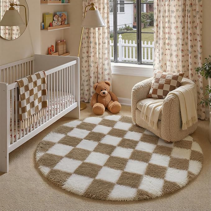 PureCozy 5x5 Round Rugs for Living Room Brown Soft Shag Checkered Rug Modern by PureCozy