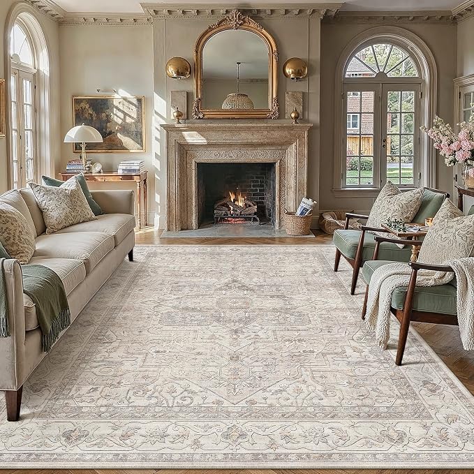 8x10 Washable Vintage Area Rug Beige Oriental Living Room Bedroom Throw Rug by WondRg