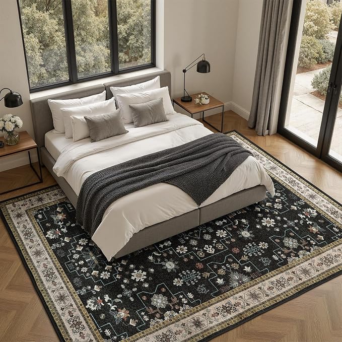 DCX Black Boho 5x7 Area Rugs, Machine Washable Non Slip Geometric Floral Rug - Image 8