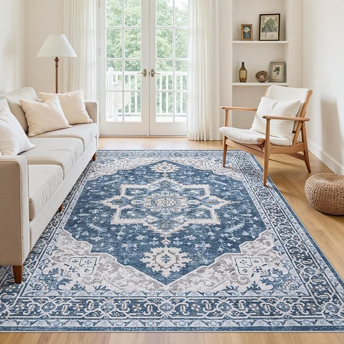 6x9 Area Rugs for Living Room:Blue Washable Vintage Medallion Boho Rug Non-Slip - Image 3