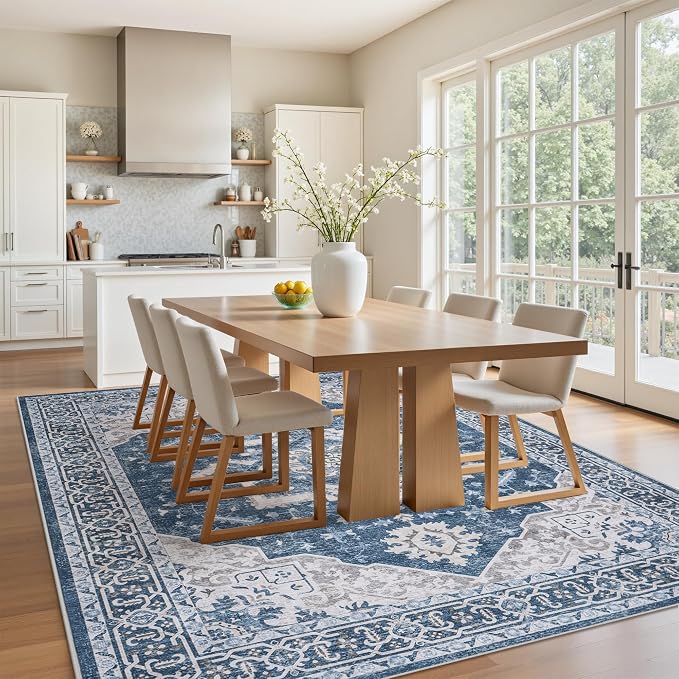 6x9 Area Rugs for Living Room:Blue Washable Vintage Medallion Boho Rug Non-Slip - Image 4