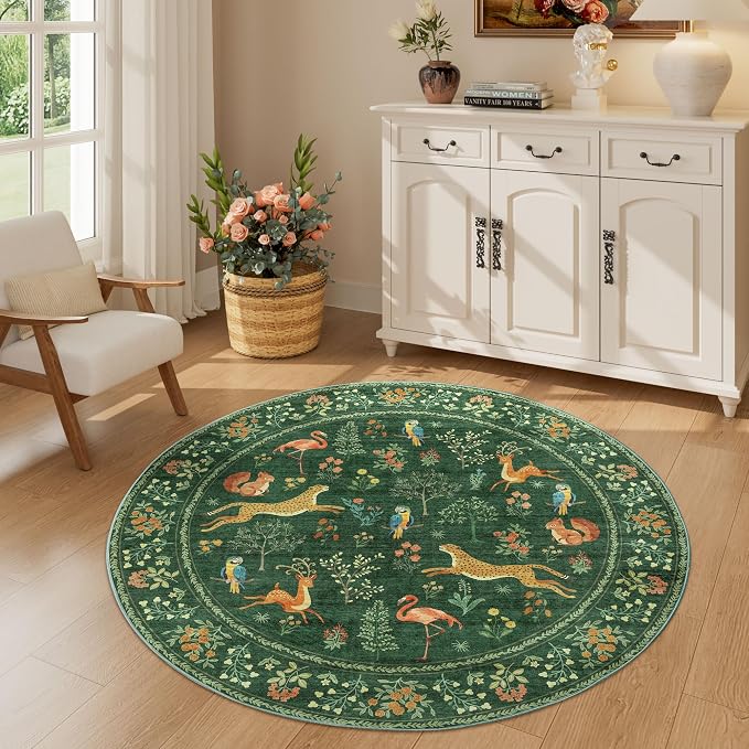 DUKINO 4ft Round Rug, Washable Round Area Rug, Non Slip Indoor Low Pile Animal - Image 5