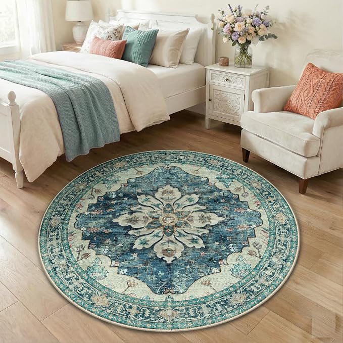RELEANY Area Rugs Round 4ft Washable Non-Slip, Floral Vintage Distress by RELEANY