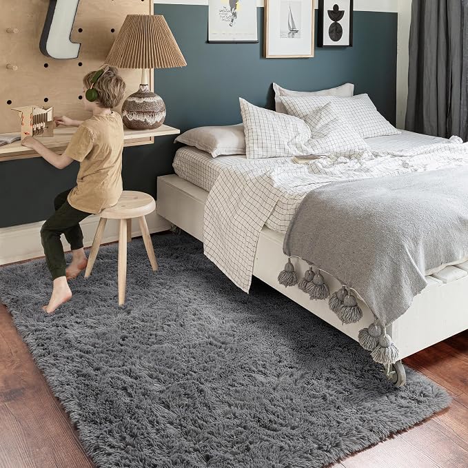 Amdrebio Grey Area Rugs for Bedroom Living Room, Fluffy Fuzzy Modern Rugs for - Image 3