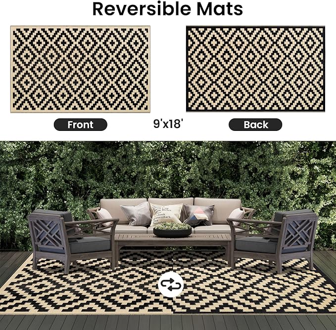 Smiry Waterproof Outdoor Rug 9X18 ft, Reversible Plastic Straw Patio Camping - Image 3