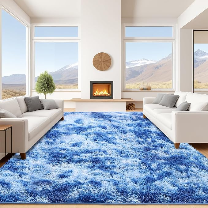 9x12 Area Rugs for Living Room, Tie-Dyed Blue Large Fluffy Shag Rug for Bedroom by Unknown