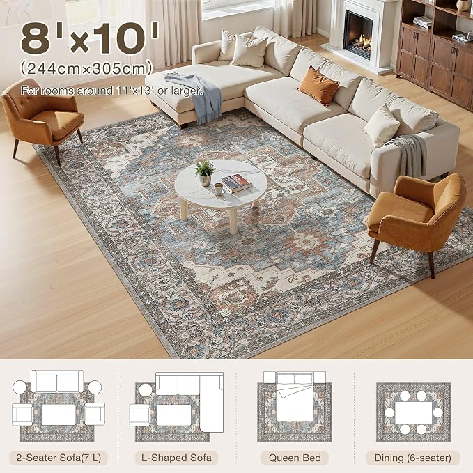 8x10 Area Rugs Living Room: Washable Vintage Rug Large Non-Slip Stain Resistant - Image 8